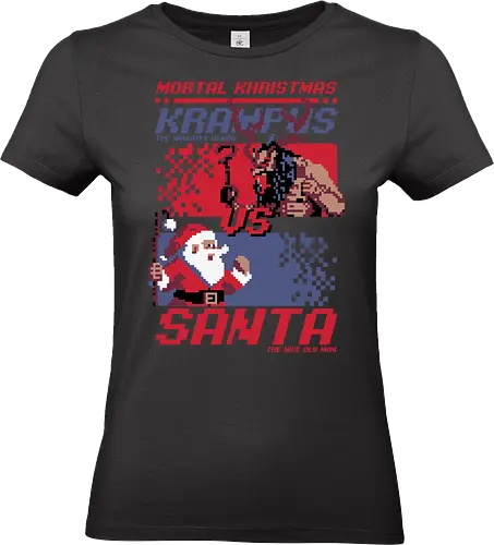 Christmas Fight - Pixel Santa vs Krampus - Holiday, Santa Claus, Presents, Merry Christmas, Christmas Vacation, Christmas, Christmas Eve, Gifts, Gift, Naughty, Naughty List, Nice, Fire, Hell, Soul, Devil, Demon, Bad Santa, Krampus, pixel art, fighting, game, video game, retro vintage, Kombat, fight - Standard T-Shirt (Women)