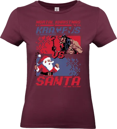 Christmas Fight - Pixel Santa vs Krampus - Holiday, Santa Claus, Presents, Merry Christmas, Christmas Vacation, Christmas, Christmas Eve, Gifts, Gift, Naughty, Naughty List, Nice, Fire, Hell, Soul, Devil, Demon, Bad Santa, Krampus, pixel art, fighting, game, video game, retro vintage, Kombat, fight - Standard T-Shirt (Women)