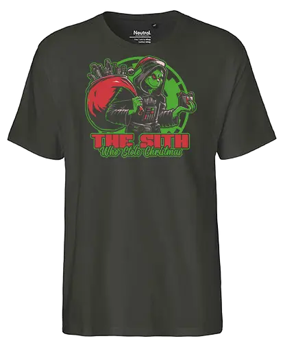 Evil Star Stealing Christmas  - book, green, villain, Movies, Scifi, Space, Action, Space Opera, classic, movie, lightsaber, christmas, santa claus, naughty list, naughty, gift, gifts - Fairtrade T-Shirt