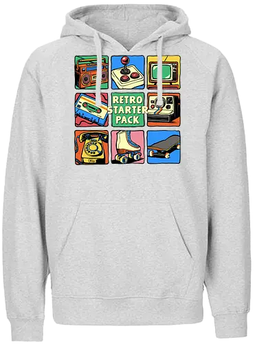 Retro Starter Pack - rotary phone, starter pack, vintage, retro, 80s, 90s, boombox, casstte tape, gamer, joystick, music, nostalgia, nostalgic, old school, roller skates - Fairtrade Hoodie