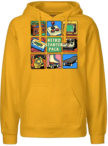 Retro Starter Pack - rotary phone, starter pack, vintage, retro, 80s, 90s, boombox, casstte tape, gamer, joystick, music, nostalgia, nostalgic, old school, roller skates - Fairtrade Hoodie