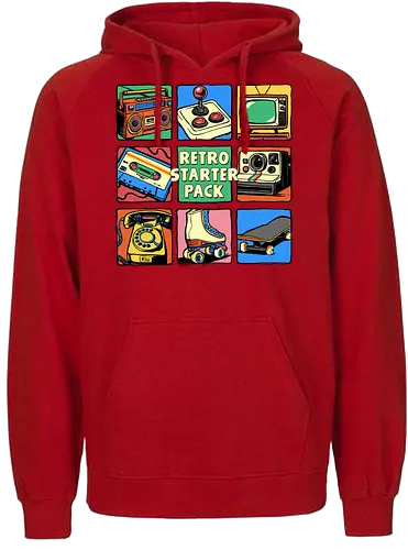 Retro Starter Pack - rotary phone, starter pack, vintage, retro, 80s, 90s, boombox, casstte tape, gamer, joystick, music, nostalgia, nostalgic, old school, roller skates - Fairtrade Hoodie