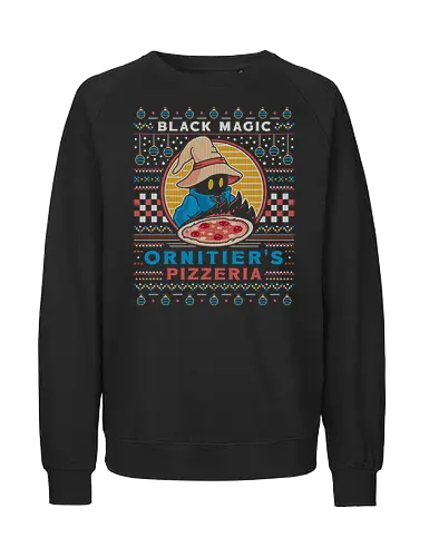 Ornitier Pizzeria Ugly Sweater - final, vivi ornitier, black mage, ugly christmas sweater, fantasy, video game, gaming, gamer, ugly christmas sweater, christmas, xmas - Fairtrade Sweatshirt