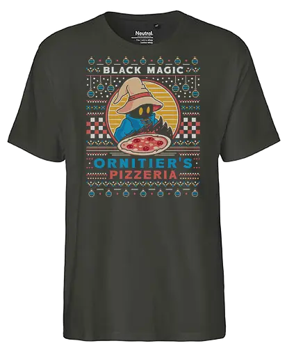 Ornitier Pizzeria Ugly Sweater - final, vivi ornitier, black mage, ugly christmas sweater, fantasy, video game, gaming, gamer, ugly christmas sweater, christmas, xmas - Fairtrade T-Shirt