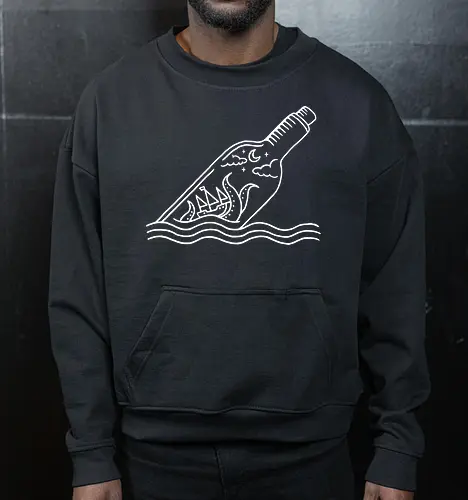 Kraken in a bottle - kraken, minimalist, monsters, ocean, octopus, pirate, pirate ship, rbrow, sailing, sea, sea monster, squid, water, lineart, tentacles - Cropped Sweatshirt