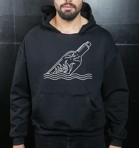 Kraken in a bottle - kraken, minimalist, monsters, ocean, octopus, pirate, pirate ship, rbrow, sailing, sea, sea monster, squid, water, lineart, tentacles - Cropped Hoodie