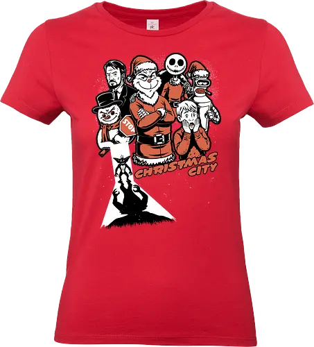 Christmas City Movie Poster - Christmas, Merry Christmas, Christmas Vacation, City, Movie, Classic Movie, Horror, Classic Horror, Vintage, Retro, Retro Vintage, Jack Frost, Frosty, Satire, Mashup, Movie Poster, Holiday, Happy Holidays, Holidays, Scary, Spooky, Spooky Season, Spookmas, Creepymas - Standard T-Shirt (Women)
