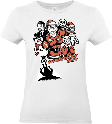 Christmas City Movie Poster - Christmas, Merry Christmas, Christmas Vacation, City, Movie, Classic Movie, Horror, Classic Horror, Vintage, Retro, Retro Vintage, Jack Frost, Frosty, Satire, Mashup, Movie Poster, Holiday, Happy Holidays, Holidays, Scary, Spooky, Spooky Season, Spookmas, Creepymas - Standard T-Shirt (Women)