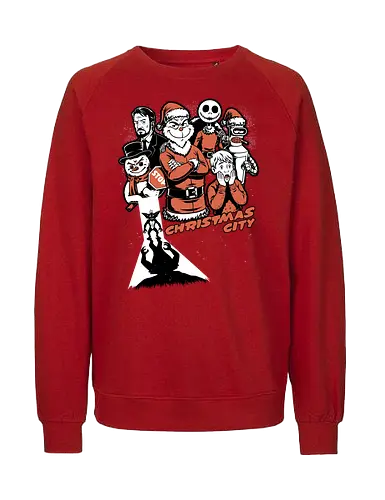 Christmas City Movie Poster - Christmas, Merry Christmas, Christmas Vacation, City, Movie, Classic Movie, Horror, Classic Horror, Vintage, Retro, Retro Vintage, Jack Frost, Frosty, Satire, Mashup, Movie Poster, Holiday, Happy Holidays, Holidays, Scary, Spooky, Spooky Season, Spookmas, Creepymas - Fairtrade Sweatshirt