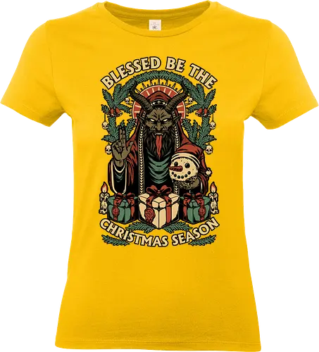 Krampus Sacred Christmas - Christmas, Christmas Vacation, Christmas Tree, Holiday, Holidays, Sacred, Krampus, Krampusnatch, Season, Eerie, Spooky, Spooky Season, Spookmas, Creepy, Creepymas, Skull, Snowman, Santa Claus, Candle, Bless, Blessed, Mistletoe - Standard T-Shirt (Women)