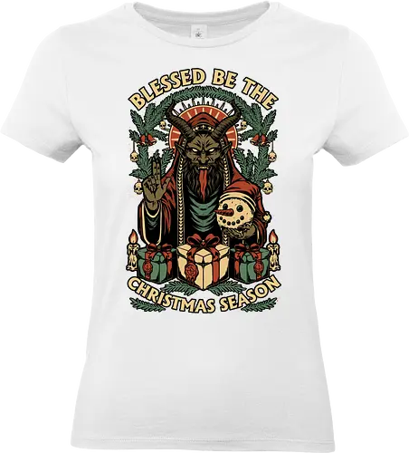 Krampus Sacred Christmas - Christmas, Christmas Vacation, Christmas Tree, Holiday, Holidays, Sacred, Krampus, Krampusnatch, Season, Eerie, Spooky, Spooky Season, Spookmas, Creepy, Creepymas, Skull, Snowman, Santa Claus, Candle, Bless, Blessed, Mistletoe - Standard T-Shirt (Women)