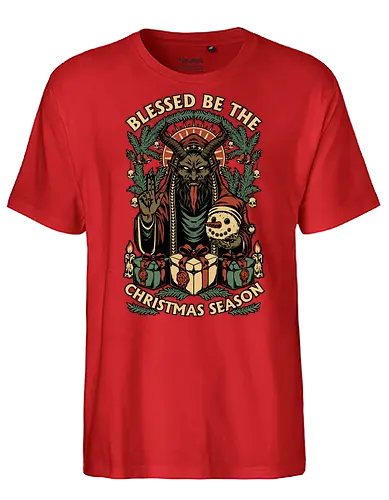 Krampus Sacred Christmas - Christmas, Christmas Vacation, Christmas Tree, Holiday, Holidays, Sacred, Krampus, Krampusnatch, Season, Eerie, Spooky, Spooky Season, Spookmas, Creepy, Creepymas, Skull, Snowman, Santa Claus, Candle, Bless, Blessed, Mistletoe - Fairtrade T-Shirt