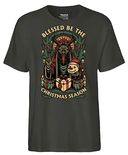 Krampus Sacred Christmas - Christmas, Christmas Vacation, Christmas Tree, Holiday, Holidays, Sacred, Krampus, Krampusnatch, Season, Eerie, Spooky, Spooky Season, Spookmas, Creepy, Creepymas, Skull, Snowman, Santa Claus, Candle, Bless, Blessed, Mistletoe - Fairtrade T-Shirt