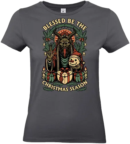 Krampus Sacred Christmas - Christmas, Christmas Vacation, Christmas Tree, Holiday, Holidays, Sacred, Krampus, Krampusnatch, Season, Eerie, Spooky, Spooky Season, Spookmas, Creepy, Creepymas, Skull, Snowman, Santa Claus, Candle, Bless, Blessed, Mistletoe - Standard T-Shirt (Women)
