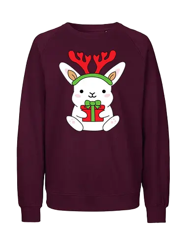  Rabbit With Gift  - White, Animal, Red, Rabbit, Christmas, Cute, Holiday, Gift, New Year, Present, Deer, Christmas time - Fairtrade Sweatshirt