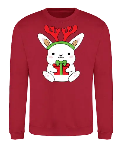  Rabbit With Gift  - White, Animal, Red, Rabbit, Christmas, Cute, Holiday, Gift, New Year, Present, Deer, Christmas time - Sweatshirt