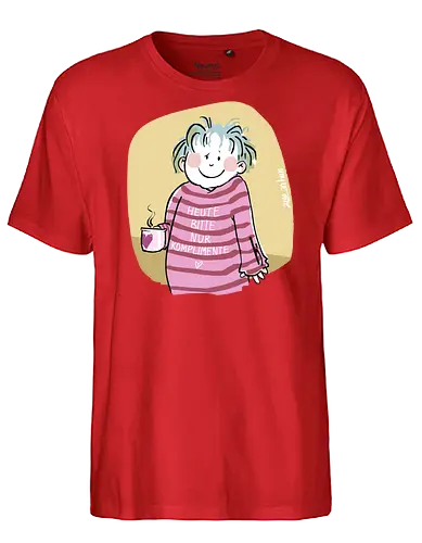 Heute bitte nur Komplimente.. - Ringelpullisprüche, Ringeldinger, streifenweise, Spruch, Weisheit, Motivation, Ringelpulli, SprücheShirt, Cartoon Illustration, Statement, Handgezeichnet, Humor, Selbstironie, Streifenpulli, Spruchshirt, deutsch - Fairtrade T-Shirt