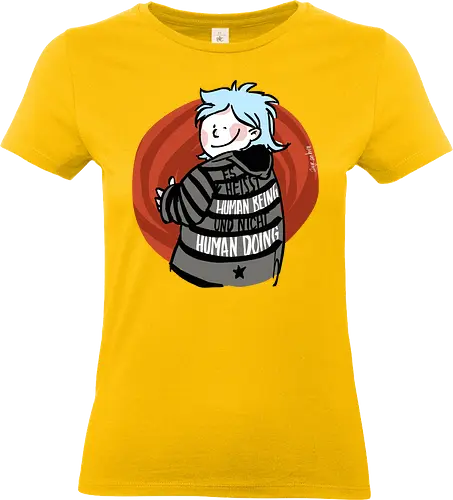 Es heißt human being - nicht human doing!  - Ringelpullisprüche, Ringeldinger, streifenweise, Spruch, Weisheit, Motivation, Ringelpulli, SprücheShirt, Cartoon Illustration, Statement, Handgezeichnet, Humor, Selbstironie, Streifenpulli, Spruchshirt, deutsch - Standard T-Shirt (Women)