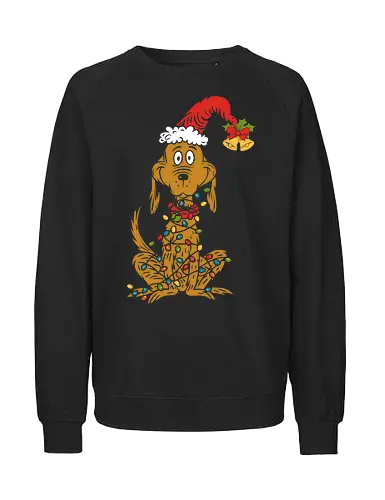 Max the Christmas Light Dog - Max the dog, The Grinch, Christmas lights, tangled, holiday dog, Grinchmas, Dr. Seuss, fan art, t-shirt design, art print, cute dog, nostalgic Christmas, Max and the Grinch, festive pet, comical. - Fairtrade Sweatshirt