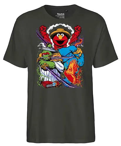 Street Monster Trio - cookie monster, Oscar the grouch, sesame streets, elmo, big bird, retro, puppet, puppets, puppet master, retro vintage, puppeteer, unique design, retro design, vintage cartoon, monster trio, Pirate, roronoa zoro, pirate, vinsmoke sanji, zoro, sanji, strawhat luffy, strawhat, strawhat pirates - Fairtrade T-Shirt