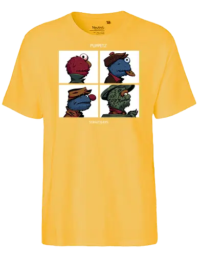 Puppetz Street Days - cookie monster, grover, Oscar the grouch, sesame streets, elmo, big bird, retro, puppet, puppets, puppet master, retro vintage, puppeteer, unique design, retro design, vintage cartoon, demon days, gorillaz, gorillaz demon days - Fairtrade T-Shirt