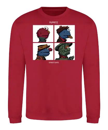 Puppetz Street Days - cookie monster, grover, Oscar the grouch, sesame streets, elmo, big bird, retro, puppet, puppets, puppet master, retro vintage, puppeteer, unique design, retro design, vintage cartoon, demon days, gorillaz, gorillaz demon days - Sweatshirt