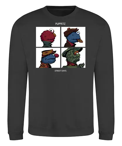 Puppetz Street Days - cookie monster, grover, Oscar the grouch, sesame streets, elmo, big bird, retro, puppet, puppets, puppet master, retro vintage, puppeteer, unique design, retro design, vintage cartoon, demon days, gorillaz, gorillaz demon days - Sweatshirt