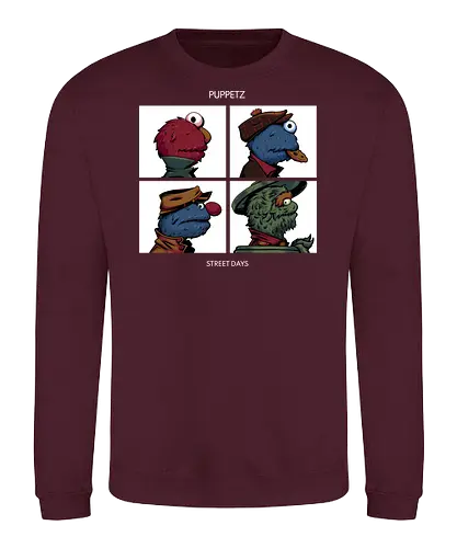 Puppetz Street Days - cookie monster, grover, Oscar the grouch, sesame streets, elmo, big bird, retro, puppet, puppets, puppet master, retro vintage, puppeteer, unique design, retro design, vintage cartoon, demon days, gorillaz, gorillaz demon days - Sweatshirt