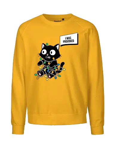  Christmas Cat: I Was Provoked - Tangled cat, I Was Provoked, funny Christmas, black cat, Christmas lights, holiday humor, cat lover gift, t-shirt design, art print, festive mayhem, sarcastic cat, cute animal, mischievous, relatable - Fairtrade Sweatshirt