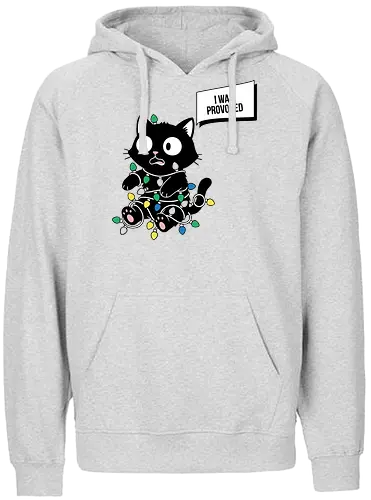  Christmas Cat: I Was Provoked - Tangled cat, I Was Provoked, funny Christmas, black cat, Christmas lights, holiday humor, cat lover gift, t-shirt design, art print, festive mayhem, sarcastic cat, cute animal, mischievous, relatable - Fairtrade Hoodie