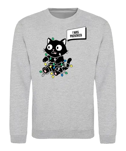  Christmas Cat: I Was Provoked - Tangled cat, I Was Provoked, funny Christmas, black cat, Christmas lights, holiday humor, cat lover gift, t-shirt design, art print, festive mayhem, sarcastic cat, cute animal, mischievous, relatable - Sweatshirt