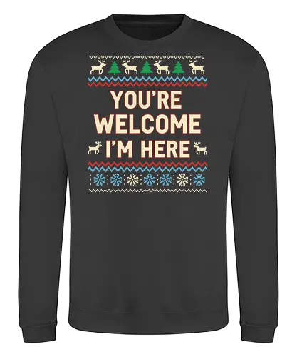  You're Welcome I'm Here - Ugly Christmas sweater, You're Welcome I'm Here, sarcastic holiday, Christmas humor, funny sweater, fair isle, reindeer, snowflake, t-shirt design, art print, witty Christmas, self-confident, ironic holiday - Sweatshirt