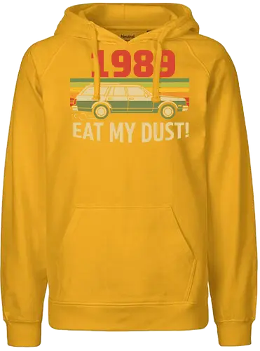 Vintage Wagon: Eat My Dust! - 1989, station wagon, vintage car, retro 80s, 90s nostalgia, eat my dust, sunset graphic, distressed, funny car, t-shirt design, art print, retro aesthetic, classic movie, cool graphic - Fairtrade Hoodie
