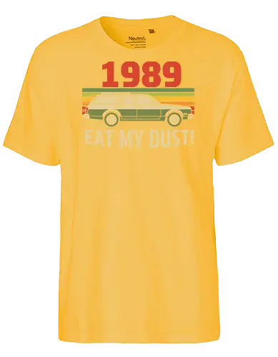 Vintage Wagon: Eat My Dust! - 1989, station wagon, vintage car, retro 80s, 90s nostalgia, eat my dust, sunset graphic, distressed, funny car, t-shirt design, art print, retro aesthetic, classic movie, cool graphic - Fairtrade T-Shirt
