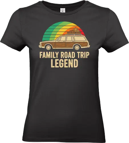 Family Road Trip Legend - Family Road Trip Legend, station wagon, wood panel, retro car, 70s 80s nostalgia, vintage travel, road trip humor, family vacation, distressed graphic, t-shirt design, art print, cool dad, sunset rainbow, travel enthusiast - Standard T-Shirt (Women)