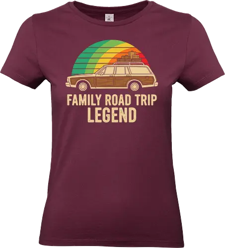 Family Road Trip Legend - Family Road Trip Legend, station wagon, wood panel, retro car, 70s 80s nostalgia, vintage travel, road trip humor, family vacation, distressed graphic, t-shirt design, art print, cool dad, sunset rainbow, travel enthusiast - Standard T-Shirt (Women)