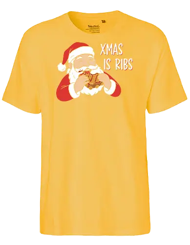Funny BBQ Santa Claus - Xmas Is Ribs T-Shirt, Funny Christmas Shirt, BBQ Santa Claus Tee, Santa Eating Ribs, Christmas Ribs Shirt, Pitmaster Christmas Gift, Grill Master Holiday Shirt, Foodie Christmas Apparel, Ugly Christmas Sweater Party Shirt, Barbecue Lover Gift, Pulled Pork Christmas, Holiday Barbeque Tee, Funny Food Christmas, Meaty Christmas Shirt - Fairtrade T-Shirt