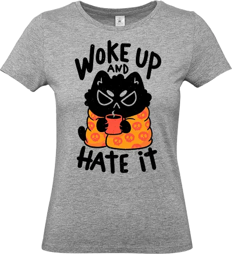 Woke Up And Hate It - koalatees, koala, grumpy, morning hate, coffee lover, sleepy mood, skull, funny quote, sarcastic, black cat - Standard T-Shirt (Women)