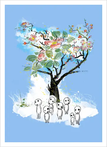 Kodamas a la Hokusai - kodamas, cute, kids, anime, japan pop culture, fantasy - Artprint