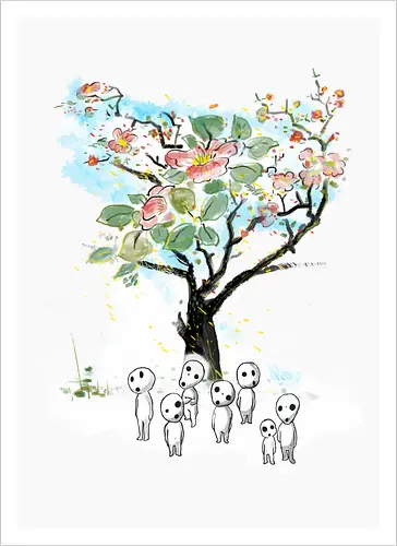 Kodamas a la Hokusai - kodamas, cute, kids, anime, japan pop culture, fantasy - Artprint