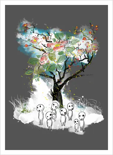 Kodamas a la Hokusai - kodamas, cute, kids, anime, japan pop culture, fantasy - Artprint