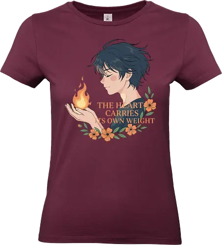 Heart's Own Weight - The Heart Carries Its Own Weight, wholesome anime, aesthetic art, flame, inner strength, self-care, emotional quote, anime boy, floral graphic, t-shirt design, art print, thoughtful, nature aesthetic - Standard T-Shirt (Women)