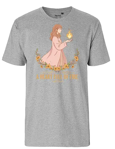   A Heart Full of Fire - A Heart Full of Fire, heart-shaped flame, inner strength, self-love, positive affirmation, aesthetic art, empowered woman, floral, t-shirt design, art print, resilience, courage, inspiration - Fairtrade T-Shirt
