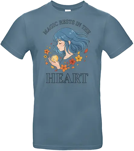 Magic Rests in the Heart - anime t-shirt, manga aesthetic, magic rests in the heart, spiritual shirt, self-love apparel, empowering graphic tee, witchy clothing, blue hair anime girl, floral art t-shirt, cute anime merchandise, pastel goth, kawaii style, inner power quote, motivational shirt, unique graphic design, fantasy art tee, self-care gift, flower power shirt, magical girl top, women's anime shirt - Standard T-Shirt