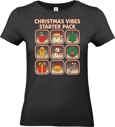 Christmas Vibes Starter Pack - christmas starter pack, christmas vibes, holiday icons, festive graphic tee, vintage christmas, retro holiday shirt, santa claus shirt, gingerbread man, candy cane shirt, christmas tree design, snowman apparel, christmas gift, ugly christmas shirt, funny holiday t-shirt, xmas essential, winter season top, christmas checklist, hot cocoa shirt, holiday aesthetic, bells and wreath shirt - Standard T-Shirt (Women)