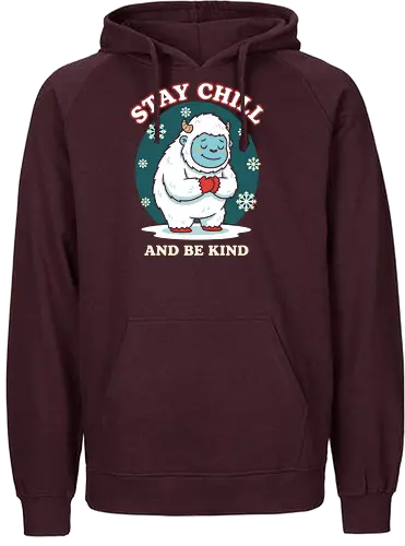 Stay Chill and Be Kind - stay chill and be kind, cute yeti shirt, abominable snowman, yeti with heart, kind graphic tee, motivational winter, inspirational shirt, cryptozoology apparel, snow monster, snowflake design, cool yeti shirt, holiday kindness, self-love apparel, chill quote shirt, friendly monster, unique christmas gift, mental health reminder, retro winter design - Fairtrade Hoodie