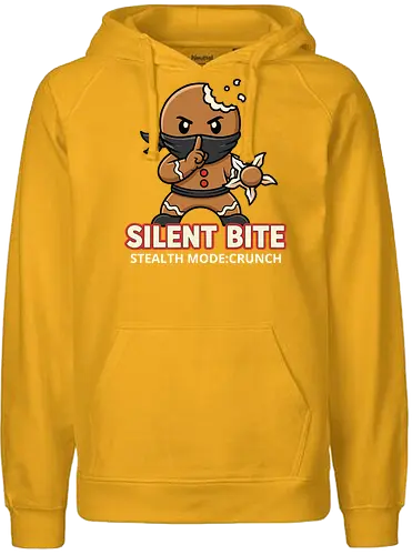 Silent Bite - Stealth Mode: Crunch" Funny Gingerbread Ninja T-Shirt - silent bite, stealth mode crunch, funny gingerbread ninja, shuriken cookie, christmas humor, ninja t-shirt, martial arts parody, secret agent cookie, food pun apparel, bite me shirt, unique graphic tee, stealth mode shirt, gingerbread man humor, cookie lover gift, crunchy humor, sweet assassin, ninja cookie design - Fairtrade Hoodie