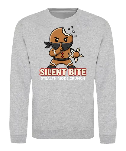 Silent Bite - Stealth Mode: Crunch" Funny Gingerbread Ninja T-Shirt - silent bite, stealth mode crunch, funny gingerbread ninja, shuriken cookie, christmas humor, ninja t-shirt, martial arts parody, secret agent cookie, food pun apparel, bite me shirt, unique graphic tee, stealth mode shirt, gingerbread man humor, cookie lover gift, crunchy humor, sweet assassin, ninja cookie design - Sweatshirt
