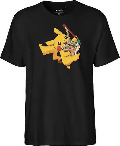 Mouse Ramen Run - Mouse, ramen, Pocket, anime shirt, Japanese food, noodle bowl, electric type, manga, video game, kawaii, cute pokemon, food lover, foodie apparel, ramen tshirt, pikachu art, vector graphic, gaming shirt, geek apparel, chopsticks - Fairtrade T-Shirt