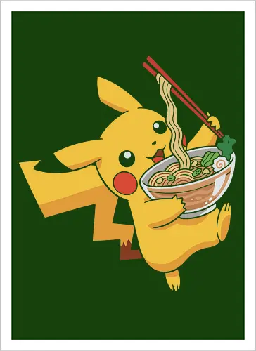 Mouse Ramen Run - Mouse, ramen, Pocket, anime shirt, Japanese food, noodle bowl, electric type, manga, video game, kawaii, cute pokemon, food lover, foodie apparel, ramen tshirt, pikachu art, vector graphic, gaming shirt, geek apparel, chopsticks - Artprint